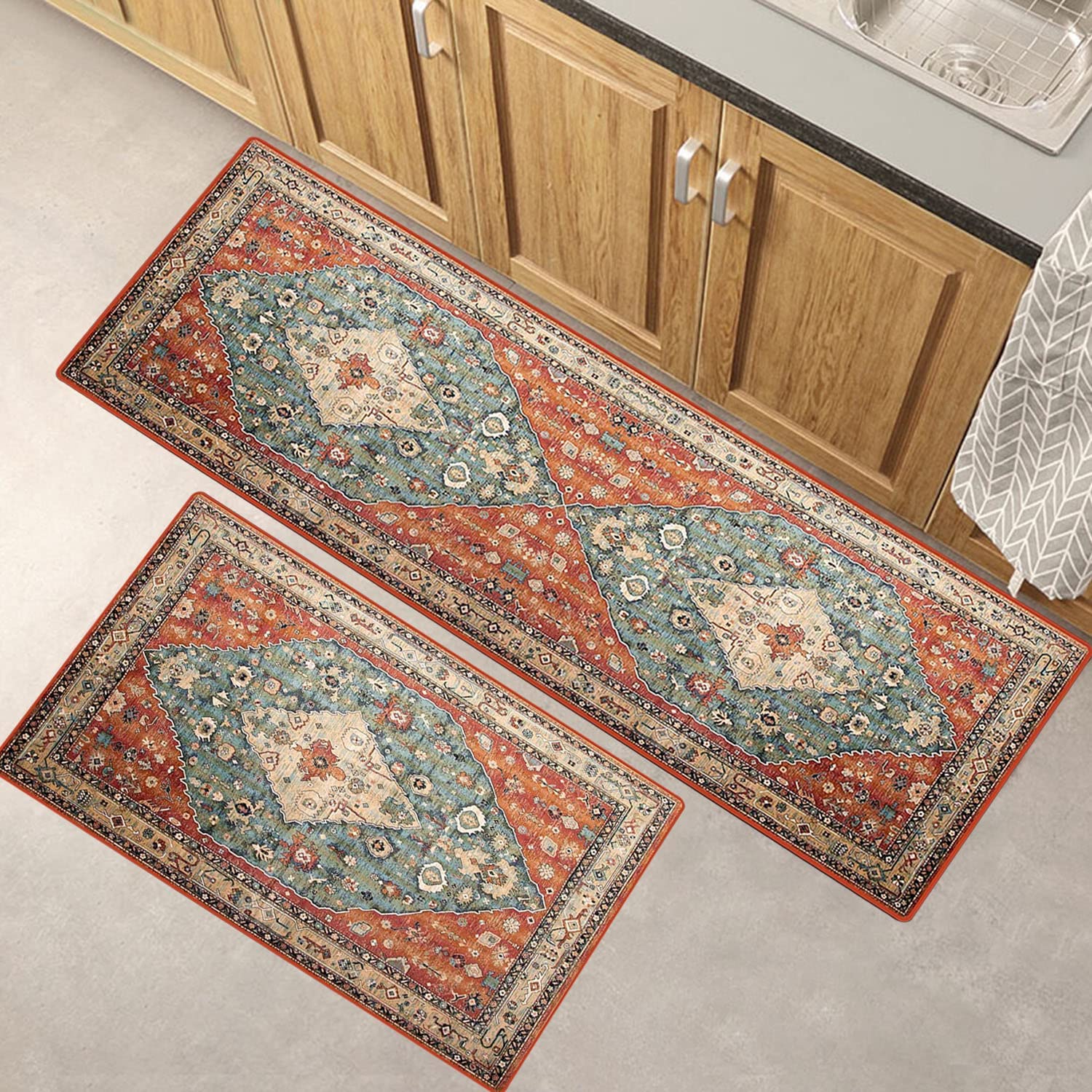 Kitchen Mat 2PCS, Rubber Non-Skid Kitchen Rugs Washable, Absorbent