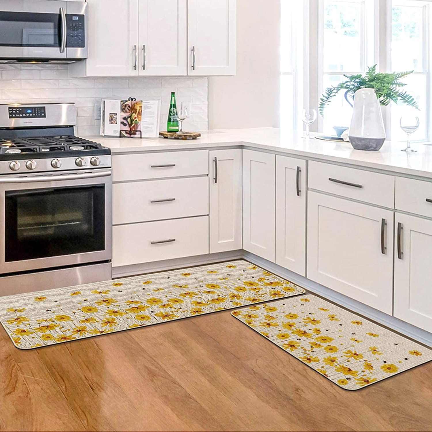 Set of 2, Yellow Flowers Bee Spring Summer Home Decor Low-Profile Kitc –  Modern Rugs and Decor
