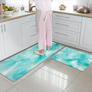 Sets 2 Gold Marble Abstract Cushioned Anti-Fatigue Non-Slip Memory Foam Comfort Standing Mat,  17.3''x 28''+17.3'' x 47''