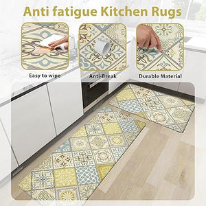 Boho Floral Kitchen Mats Set of 2, 17.3x28+17.3x47 Inch, 2/5 Inch