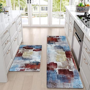 Modern Art Non Slip, Abstract Painting Cushioned Anti Fatigue, Waterproof  Kitchen Mats, 18'' x 48'' + 18'' x 30''