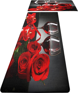 Set of 2 Red Wine Modern Rose Anti Fatigue Kitchen Floor Mat