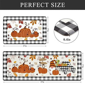 Anti Fatigue Kitchen Rugs Set of 2, Non Slip Waterproof Kitchen Rugs and Mats Sets Thick Cushioned Kitchen Mats, Thanksgiving Buffalo Plaid Pumpkin Gnomes Kitchen Mats for Office Home