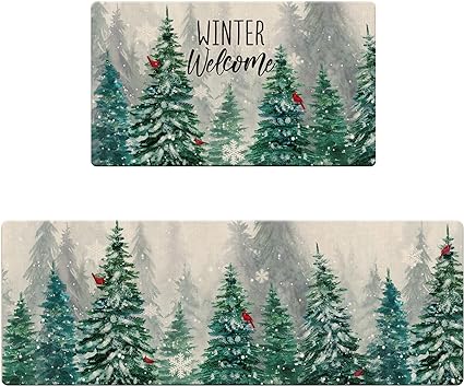 Winter Welcome Decorative Kitchen Rugs Set of 2, Farmhouse Pine Tree Cardinal Kitchen Mat Snowflakes Non-Slip Floor Mat, Winter Decorations for Home Kitchen - 17x29 and 17x47 Inch