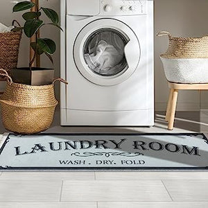 Machine Washable Checkered Border Laundry Room Rug Non-Slip Rubberback 2x3 Laundry Area Rug