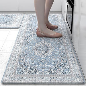 Anti Fatigue 2 Pieces Blue Kitchen Rugs Non Slip Waterproof Kitchen Floor Mats Cushioned Boho Kitchen Runner Rug Comfort Memory Foam Kitchen Mats for Floor,Front of Sink,Laundry Room