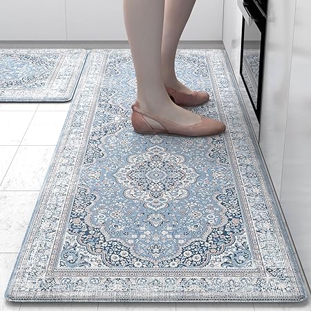 Anti Fatigue 2 Pieces Blue Kitchen Rugs Non Slip Waterproof Kitchen Floor Mats Cushioned Boho Kitchen Runner Rug Comfort Memory Foam Kitchen Mats for Floor,Front of Sink,Laundry Room