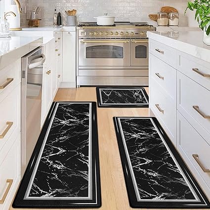 Anti-Fatigue Black and White Modern  Non Slip Washable, Cushioned Kitchen Mats, 18 x 30 Inch