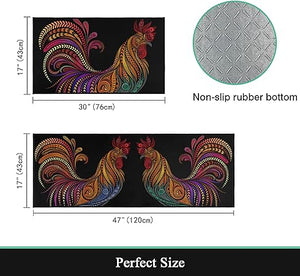 Rooster Colorful Chicken Non-Slip Washable Microfiber Kitchen Carpet 17x47+17x30 Inches