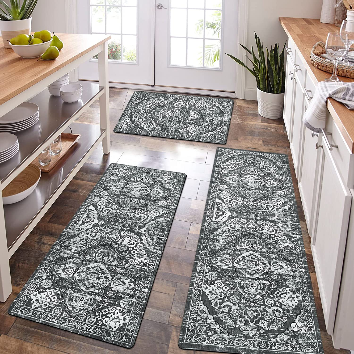 3 Pcs Kitchen Rug Set Non Skid Thick Black Kitchen Rugs and Mats Stain  Resistant