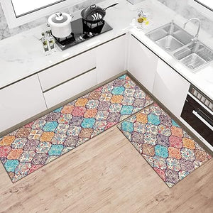 2 Piece Washable Non-Slip Black Boho Kitchen Mats