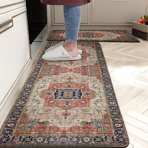 Boho Floral Bohemian Anti Fatigue Vintage Cushioned Standing Kitchen Mats, 17.3 x 28+17.3 x 47 Inches