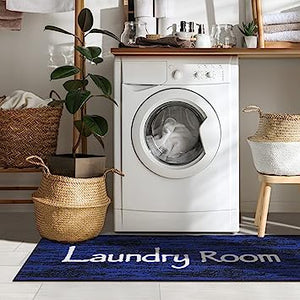 Machine Washable Checkered Border Laundry Room Rug Non-Slip Rubberback 2x3 Laundry Area Rug