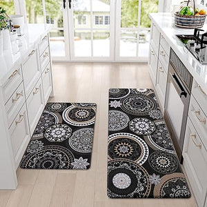 Sets of 2 Cushioned Anti-Fatigue Kitchen Rugs Non Slip Memory Foam Kitchen Mats and Rugs Waterproof Kitchen Floor Comfort Mats, 17'' x 47'' + 17'' x 30'', Brown