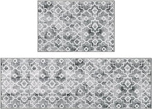 Set of 2, Geometric Washable Non Slip Waterproof Moroccan Black Rug for Kitchen Floor, 20x30+20x47