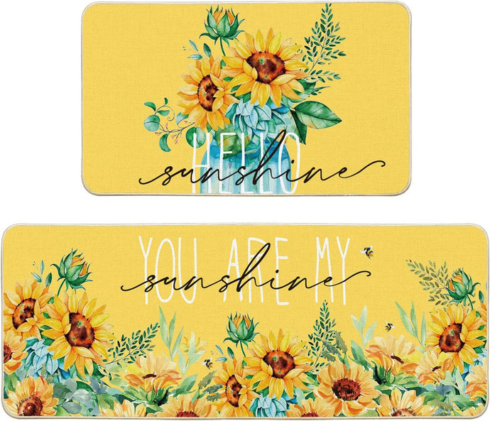 Yellow Sunflowers Hello Sunshine Summer Kitchen Mats Set of 2 - 17x29 and 17x47 Inch