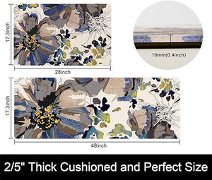 Floral Anti Fatigue 2 Pieces - 17.3’’x29.5’’ + 17.3’’x47.2’’ Comfort 0.4’’ Thick Cushioned Padded Waterproof Flowers Kitchen Rugs