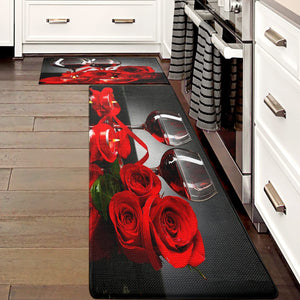 Set of 2 Red Wine Modern Rose Anti Fatigue Kitchen Floor Mat