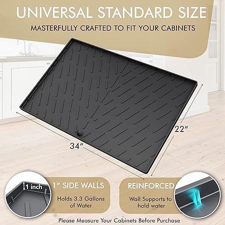 Under Sink Mat Kitchen Sink Cabinet Tray, 34 x 22 Silicone Waterproof Under  Sink Liners for Kitchen, Sink Cabinet Protector for Water Drips, Leaks,  Spills, Holds over 3.3 Gallons (Black) 