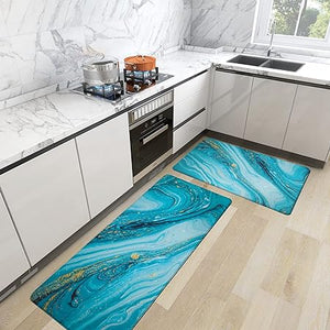 Sets 2 Gold Marble Abstract Cushioned Anti-Fatigue Non-Slip Memory Foam Comfort Standing Mat,  17.3''x 28''+17.3'' x 47''