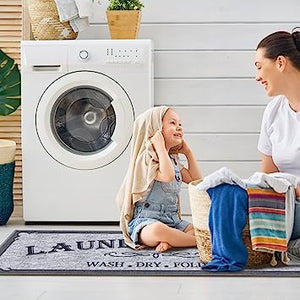 Machine Washable Checkered Border Laundry Room Rug Non-Slip Rubberback 2x3 Laundry Area Rug