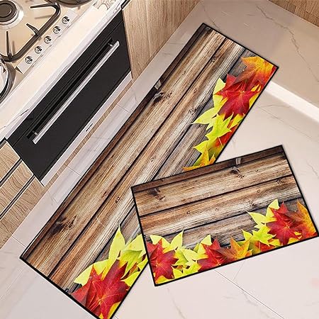 Wooden Board Vintage Kitchen Mats Autumn Maple Leaves Non Skid Washable Set of 2,