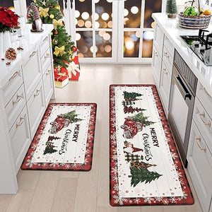 Anti Fatigue Non-Slip Christmas Memory Foam Thick Cushioned Waterproof Wipeable Kitchen Mat Set of 2, 17"×28" and 17"×47"