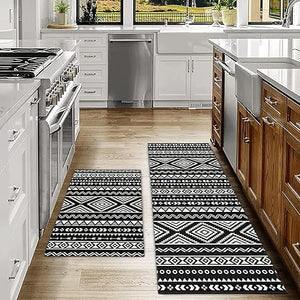 2 Piece Washable Non-Slip Black Boho Kitchen Mats