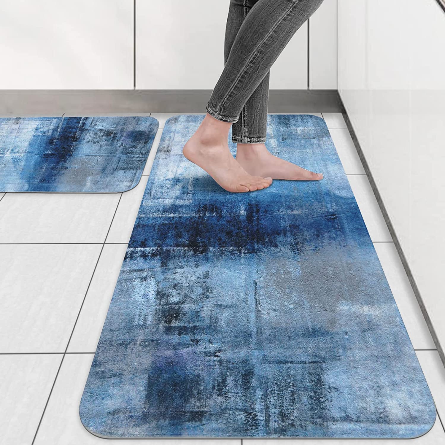 Blue Kitchen Mat Blue and Gray Abstract Art Kitchen Rugs and Mats Non –  Modern Rugs and Decor