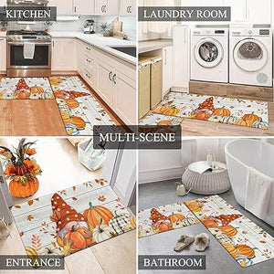 Anti Fatigue Kitchen Rugs Set of 2, Non Slip Waterproof Kitchen Rugs and Mats Sets Thick Cushioned Kitchen Mats, Thanksgiving Buffalo Plaid Pumpkin Gnomes Kitchen Mats for Office Home