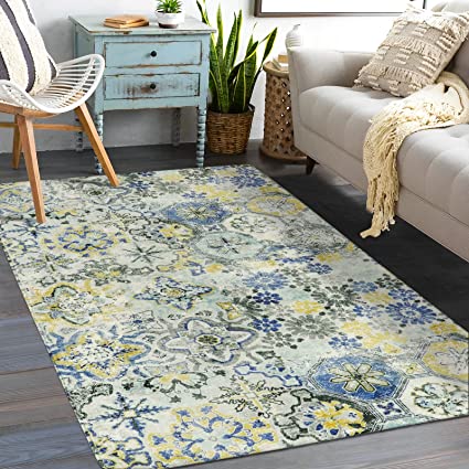 Floral Medallion Collection Round Non-Slip Distressed Vintage Accent Throw Area Rug