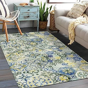 Floral Medallion Collection Round Non-Slip Distressed Vintage Area Rug