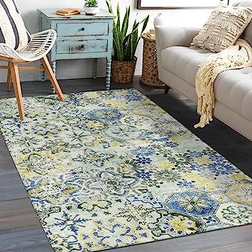 Floral Medallion Collection Round Non-Slip Distressed Vintage Area Rug