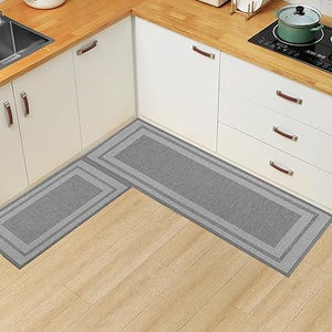 Set of 2 Non-Slip Washable Kitchen Rugs for in Front of Sink.Hallway, Laundry Room 17.3"x30"+17.3"x47" (Beige)