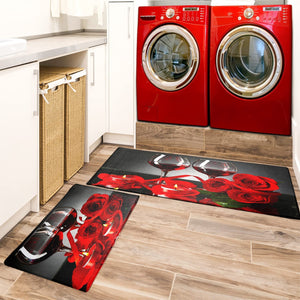 Set of 2 Red Wine Modern Rose Anti Fatigue Kitchen Floor Mat