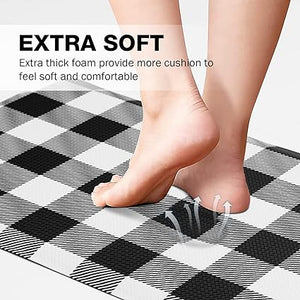 Anti Fatigue Kitchen Rug Kitchen Floor Mat Cushioned Black and White Buffalo Plaid Kitchen Rugs and Mats Non Skid Waterproof Kitchen Mats for Floor Laundry Office Sink, 17.3"x59"