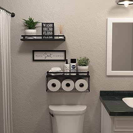 Grey & Black Bathroom Shelves Perforated Ceramic Tile Walls 