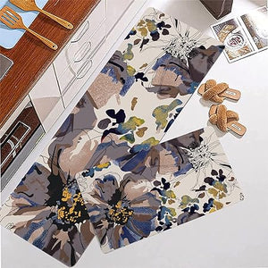 Floral Anti Fatigue 2 Pieces - 17.3’’x29.5’’ + 17.3’’x47.2’’ Comfort 0.4’’ Thick Cushioned Padded Waterproof Flowers Kitchen Rugs