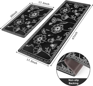 Set of 2 Cushioned Black Non-Slip Waterproof Kitchen Rugs, 17x29 and 17x47 Inch