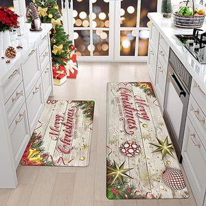 Anti Fatigue Non-Slip Christmas Memory Foam Thick Cushioned Waterproof Wipeable Kitchen Mat Set of 2, 17"×28" and 17"×47"