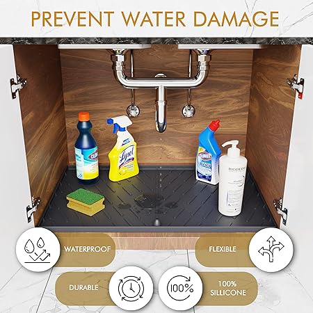 Under Sink Mat Kitchen Sink Cabinet Tray, 34 x 22 Silicone Waterproof Under  Sink Liners for Kitchen, Sink Cabinet Protector for Water Drips, Leaks,  Spills, Holds over 3.3 Gallons (Black) 