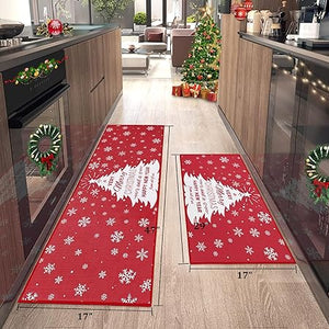 Non-Slip Decorative Xmas Holiday Snowflake and Christmas Deer Kitchen Mat 2 Pieces, 17"x29"+17"x47"