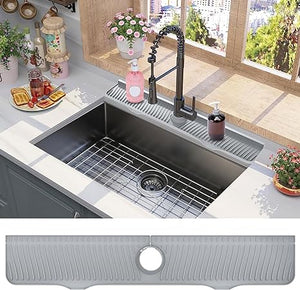 Sink Splash Guard, 32” x 5.5”, Longer Faucet Mat, Silicone Splash Guard Behind Faucet, Water Drip Catcher Mat for Kitchen, Bathroom Laundry Room, Farmhouse, Bar & RV (Black)