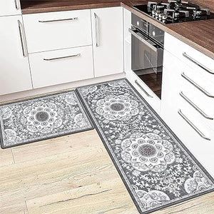 Boho Cushioned Anti Fatigue Waterproof Non Slip Kitchen Mat Set of 2, Blue (17"x47"+17"x28")