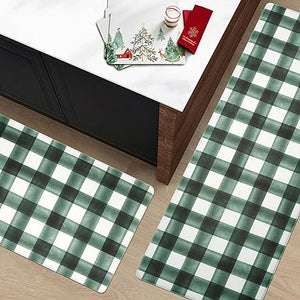 2 Piece Set Plaid Kitchen Mats for Floor Anti Fatigue Waterproof & Non-Skid Kitchen Rugs Cushioned Checkered