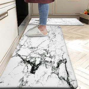 Black Marble Set of 2 Anti Fatigue Modern Abstract Non-Slip Standing Waterproof Mats for Kitchen Sink, 17.3 x 28 inch+17.3 x 47 inch