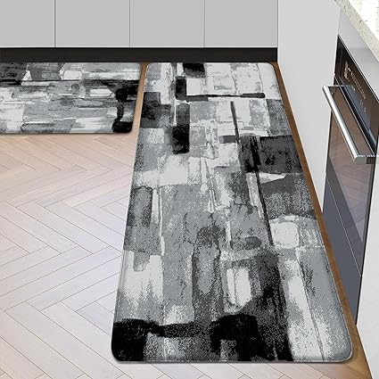 Set 2 Pieces Abstract Modern Art Cushioned Anti-Fatigue Waterproof Non Slip Comfort Heavy Duty Standing Kitchen Rug, 17