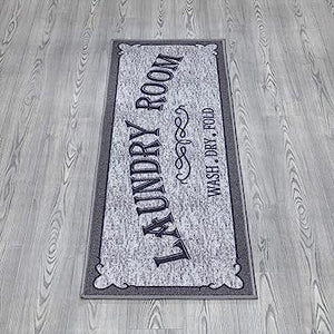 Machine Washable Checkered Border Laundry Room Rug Non-Slip Rubberback 2x3 Laundry Area Rug