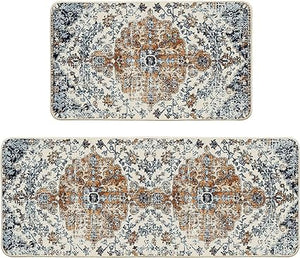 Blue Flowers Bohemia Kitchen Mats Set of 2  - 17x29 and 17x47 Inch