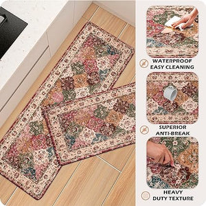 Retro Farmhouse Kitchen Mats for Sink,Cushioned Anti-Fatigue Comfort Kitchen Waterproof Non-Skid,Laundry Area Rugs Runner 17.3"x28"+17.3"x47"